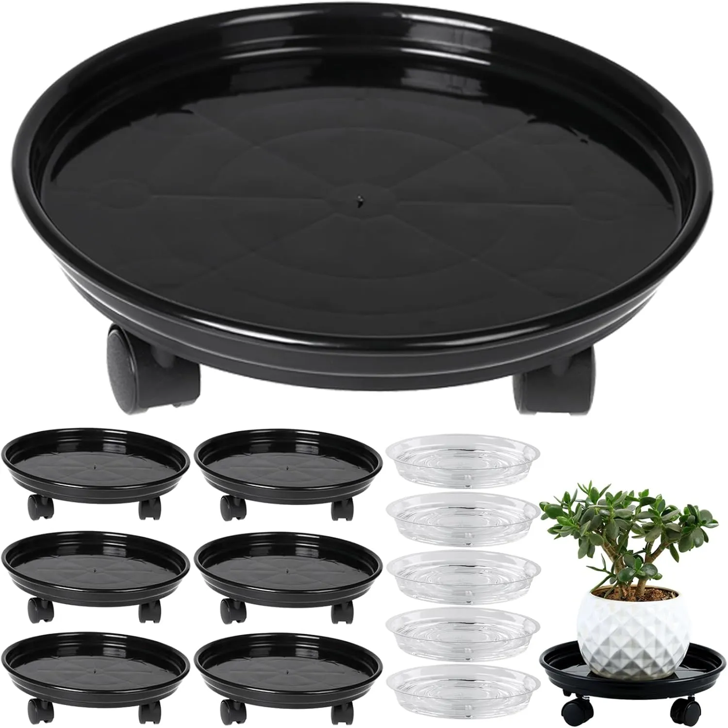 Circloophs 7 Packs Plastic Plant Caddy with Casters 12" Heavy-Duty Plant Dolly Rolling Plant Stand with Wheels for Moving Heavy and Large Plant Pot Saucers Plant Rollers Indoor and Outdoor, Black