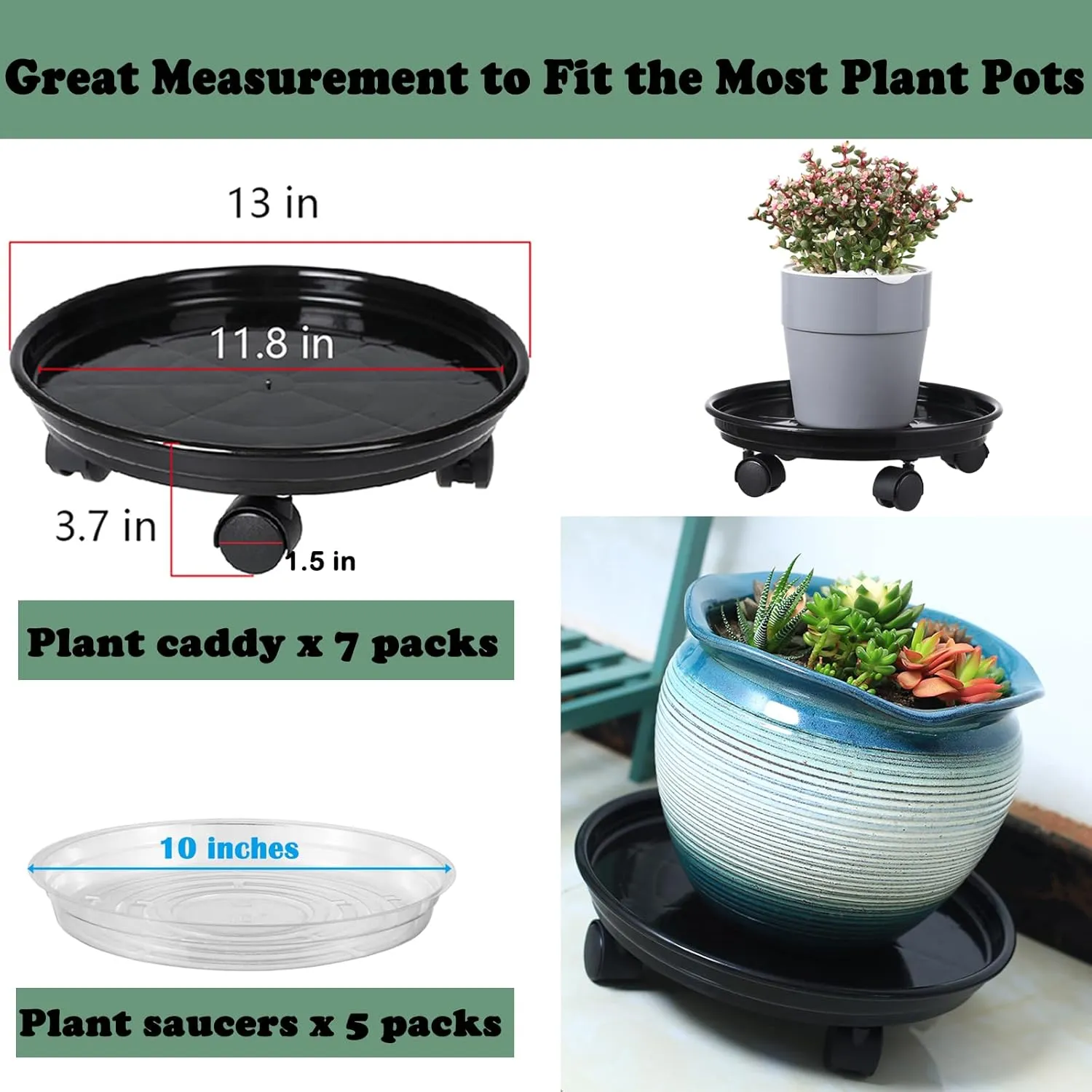 Circloophs 7 Packs Plastic Plant Caddy with Casters 12" Heavy-Duty Plant Dolly Rolling Plant Stand with Wheels for Moving Heavy and Large Plant Pot Saucers Plant Rollers Indoor and Outdoor, Black