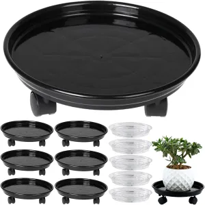 Circloophs 7 Packs Plastic Plant Caddy with Casters 12" Heavy-Duty Plant Dolly Rolling Plant Stand with Wheels for Moving Heavy and Large Plant Pot Saucers Plant Rollers Indoor and Outdoor, Black
