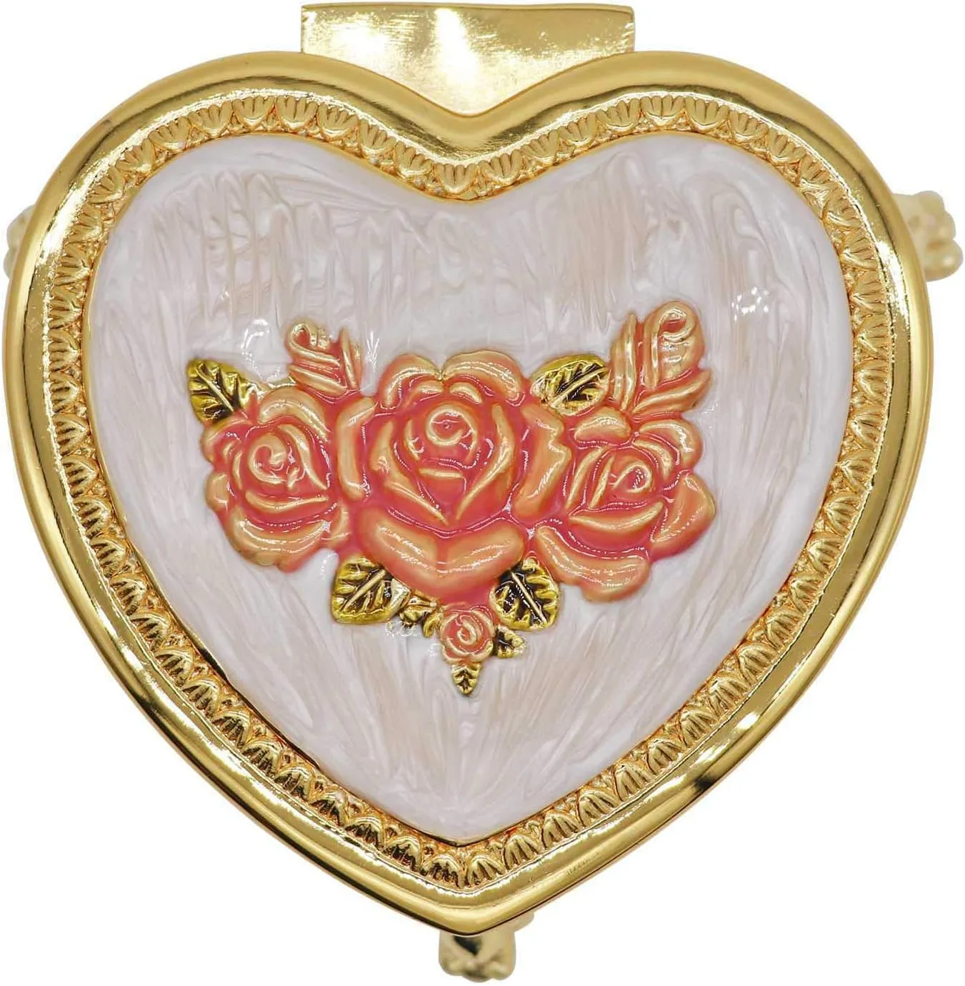 Classic Vintage Heart Shape Metal Jewelry Box Ring Trinket Storage Organizer Chest Christmas Gift, Gold & Pink