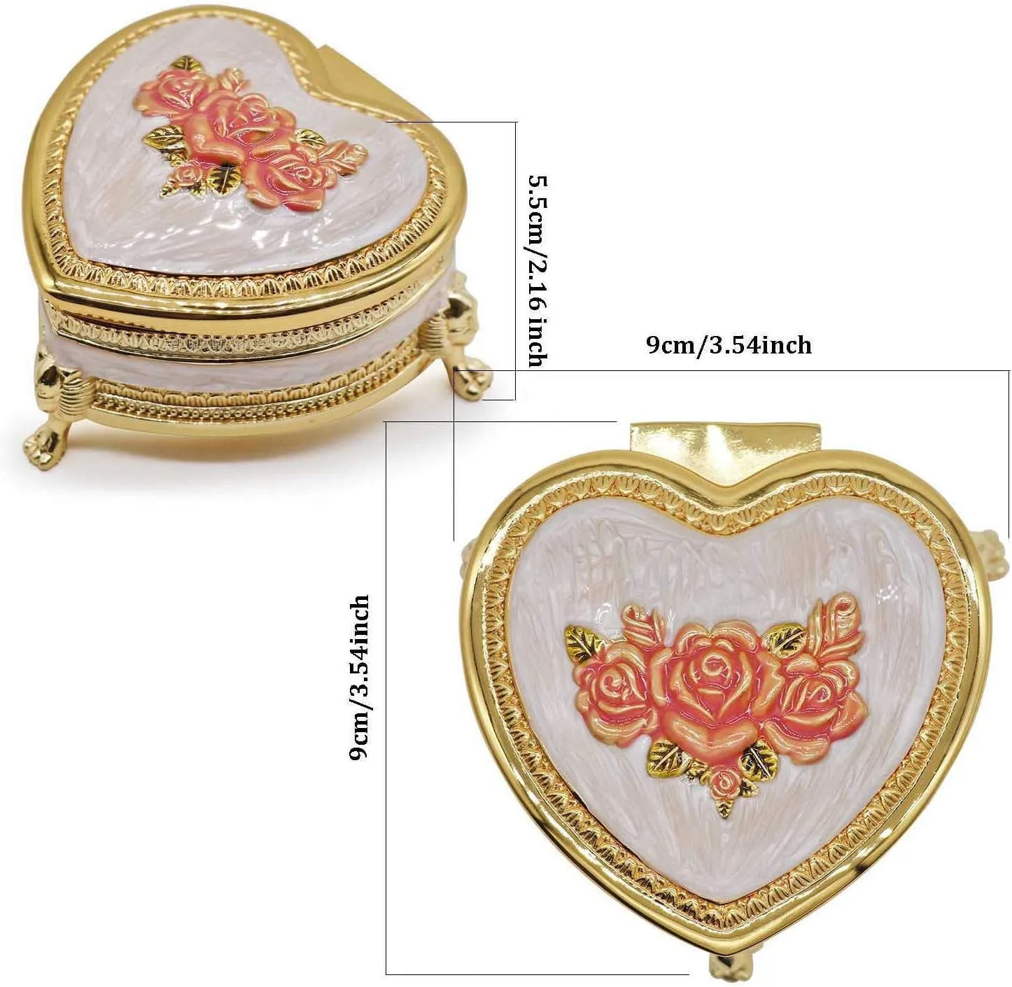 Classic Vintage Heart Shape Metal Jewelry Box Ring Trinket Storage Organizer Chest Christmas Gift, Gold & Pink
