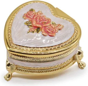 Classic Vintage Heart Shape Metal Jewelry Box Ring Trinket Storage Organizer Chest Christmas Gift, Gold & Pink