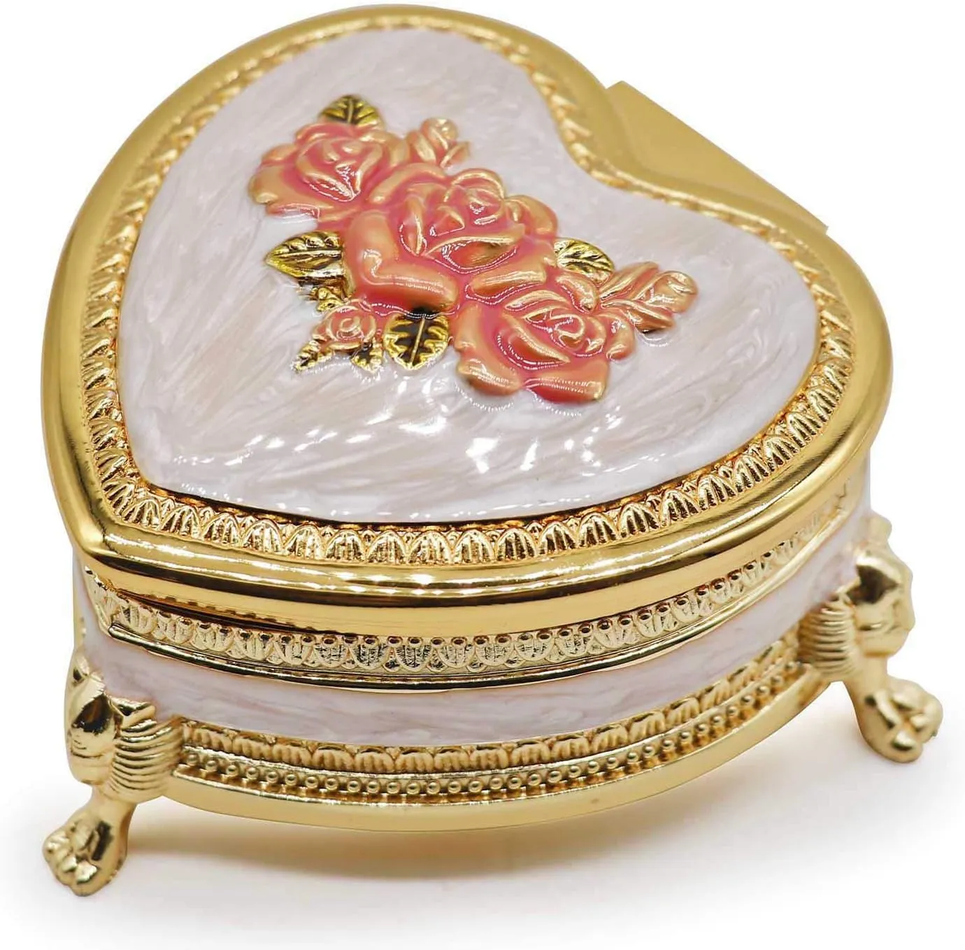 Classic Vintage Heart Shape Metal Jewelry Box Ring Trinket Storage Organizer Chest Christmas Gift, Gold & Pink