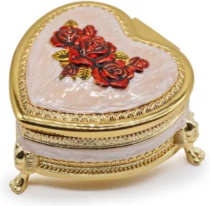Classic Vintage Heart Shape Metal Jewelry Box Ring Trinket Storage Organizer Chest Christmas Gift, Gold & Red