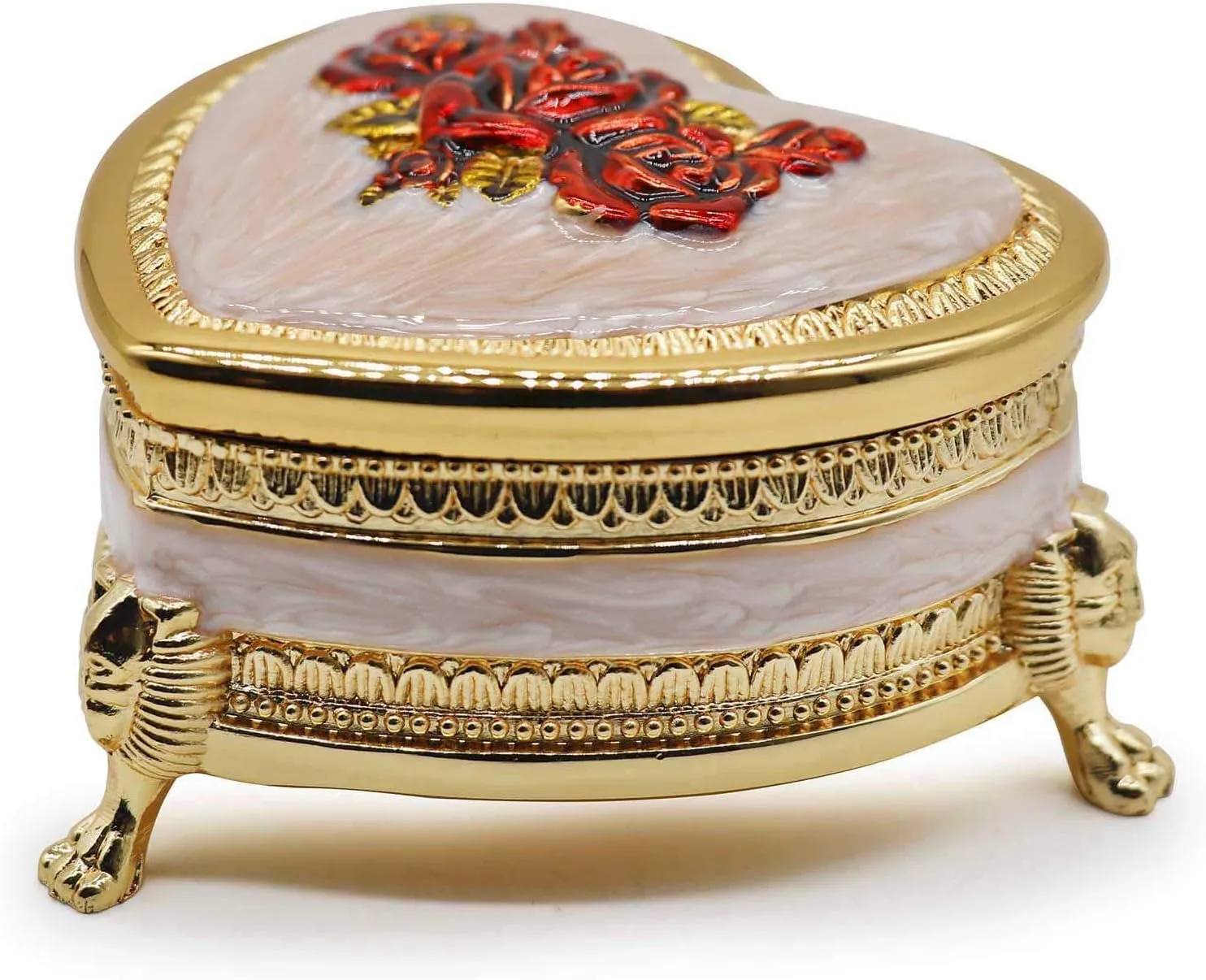 Classic Vintage Heart Shape Metal Jewelry Box Ring Trinket Storage Organizer Chest Christmas Gift, Gold & Red