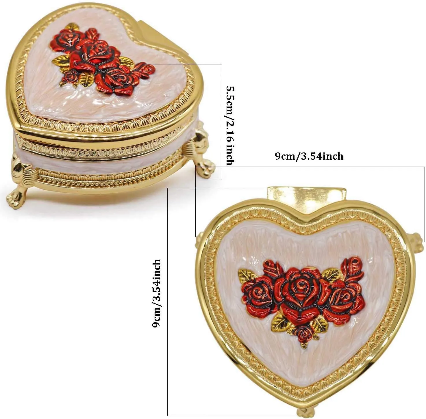 Classic Vintage Heart Shape Metal Jewelry Box Ring Trinket Storage Organizer Chest Christmas Gift, Gold & Red