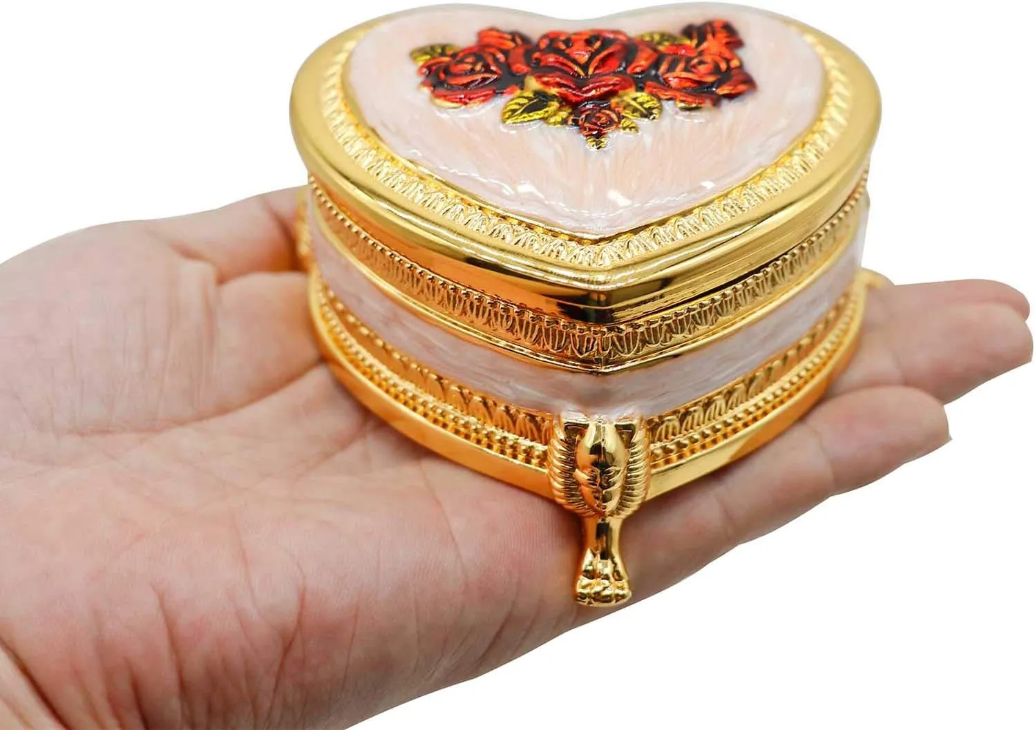 Classic Vintage Heart Shape Metal Jewelry Box Ring Trinket Storage Organizer Chest Christmas Gift, Gold & Red
