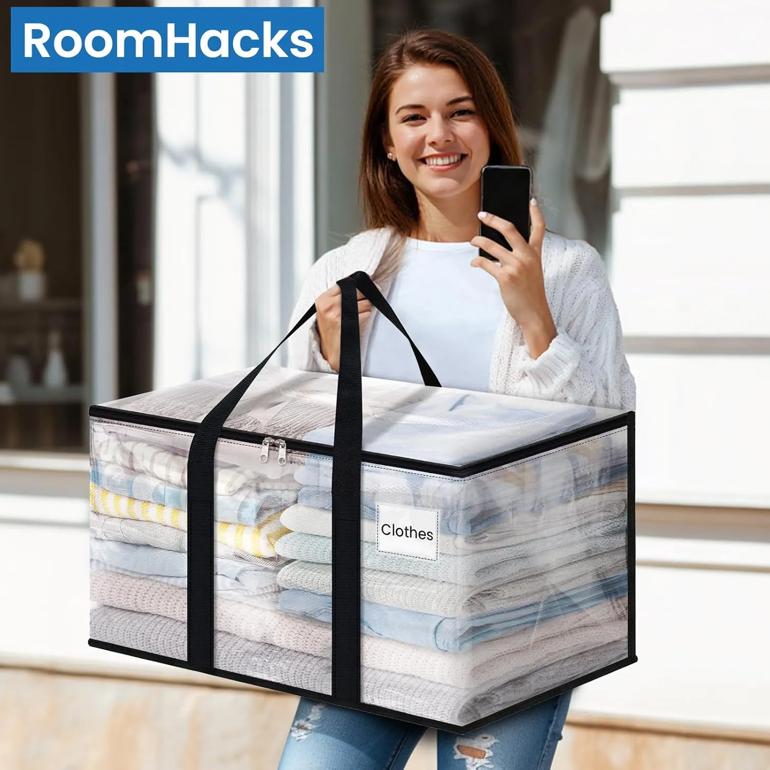 Clear Moving Bags Heavy Duty Extra Large, Moving Supplies with Reinforced Handle and Double Zipper, Storage Totes for Moving Essential, Packing Bags Alternative to Moving Box(6 Packs, Clear)