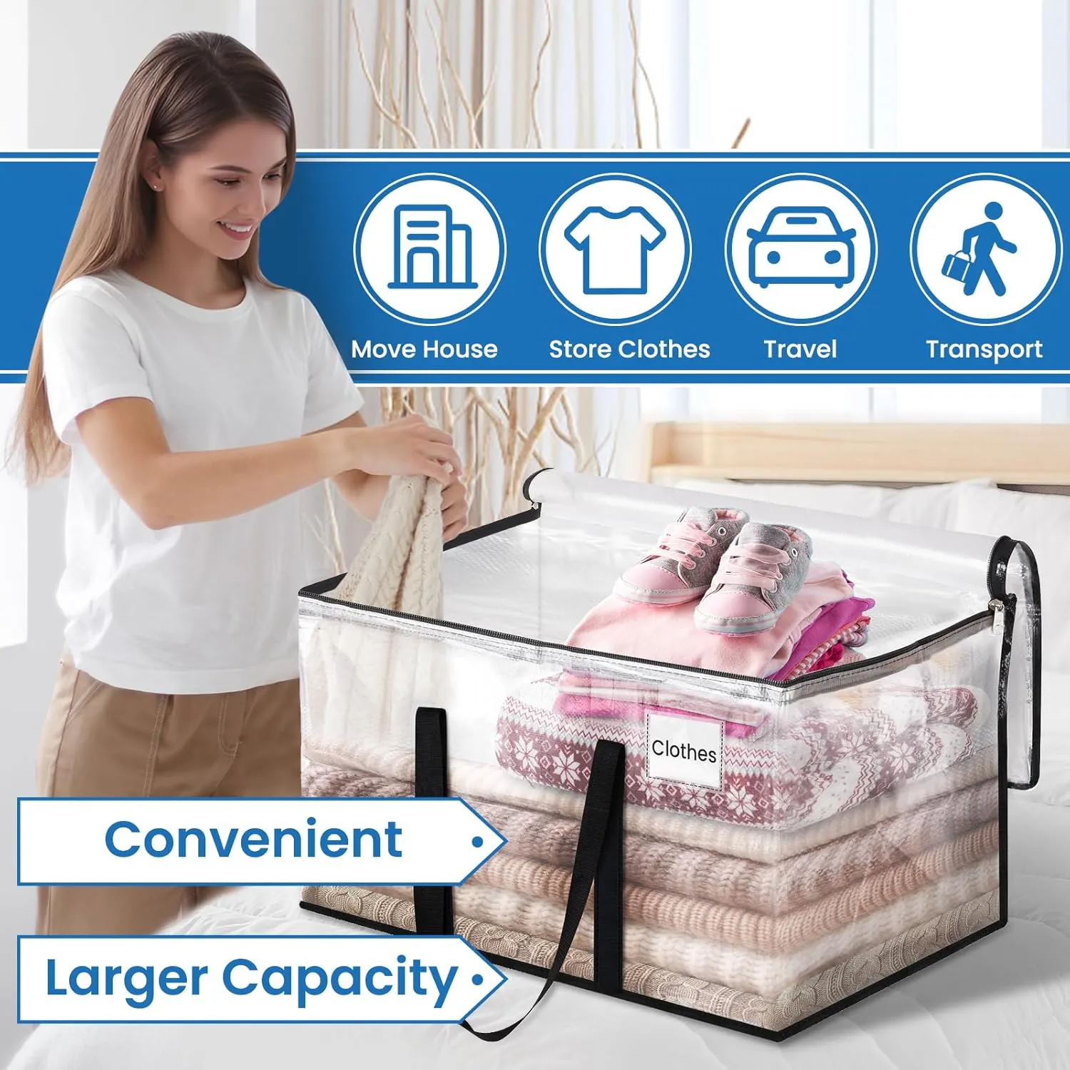 Clear Moving Bags Heavy Duty Extra Large, Moving Supplies with Reinforced Handle and Double Zipper, Storage Totes for Moving Essential, Packing Bags Alternative to Moving Box(6 Packs, Clear)