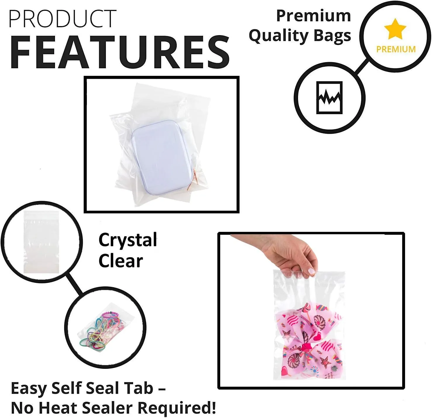 Clear Poly Bags 6x9", 8x10", 9x12", 11x14" Combo Pack of 400 (100 each size) - Clear Bags for Packaging - Plastic Bags for Packaging Products - Plastic Packaging Bags (Resealable)