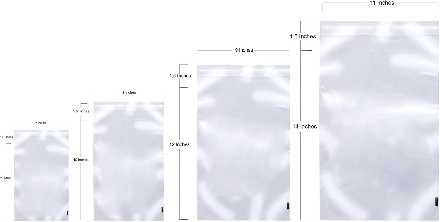 Clear Poly Bags 6x9", 8x10", 9x12", 11x14" Combo Pack of 400 (100 each size) - Clear Bags for Packaging - Plastic Bags for Packaging Products - Plastic Packaging Bags (Resealable)
