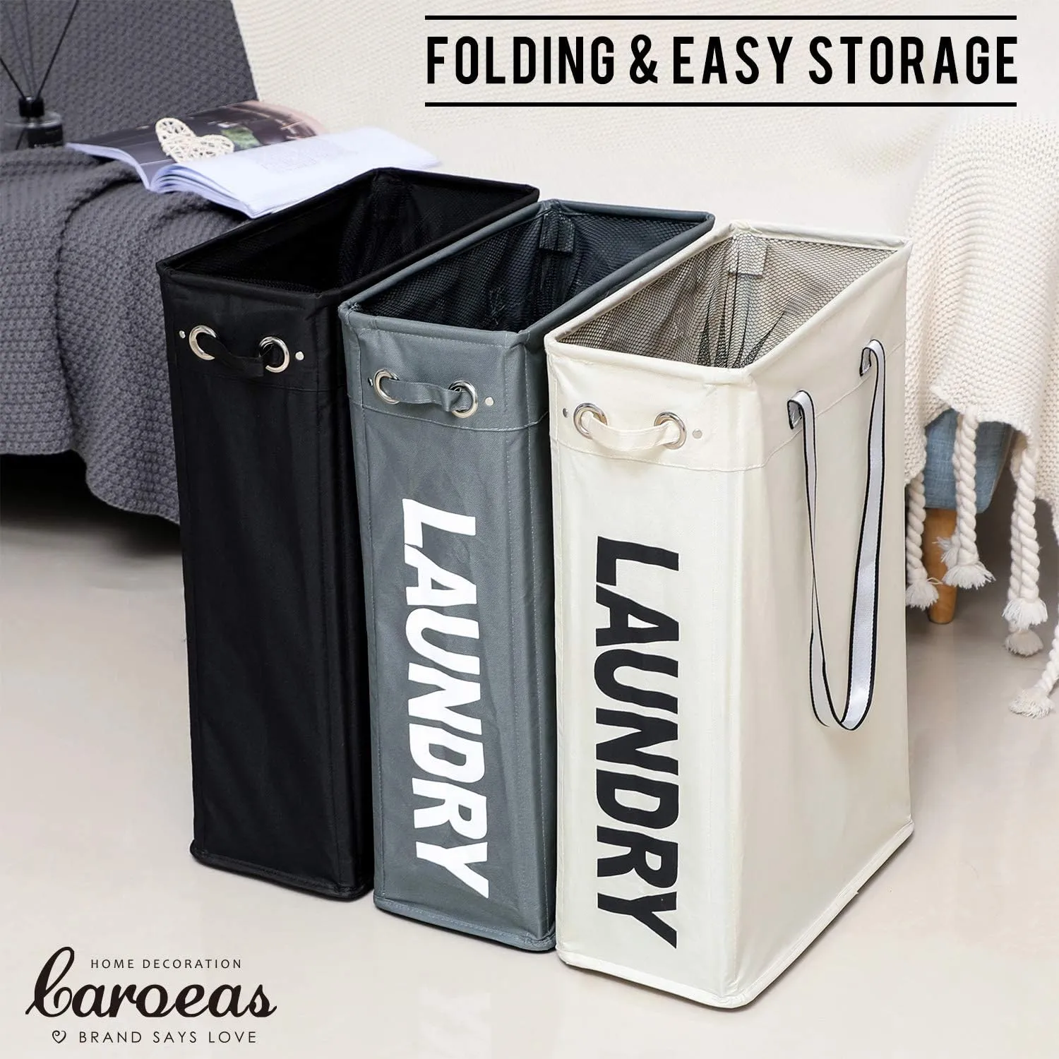Cloth Clothes Basket, Caroeas 24" Handy Hanging Laundry Basket Tall & Slim Hamper Waterproof Laundry Bag Collapsible Travel Laundry Bag with Breathable Mesh Cover & Soft Handle Laundry Hamper (Grey1)