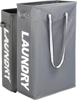 Cloth Clothes Basket, Caroeas 24" Handy Hanging Laundry Basket Tall & Slim Hamper Waterproof Laundry Bag Collapsible Travel Laundry Bag with Breathable Mesh Cover & Soft Handle Laundry Hamper (Grey1)