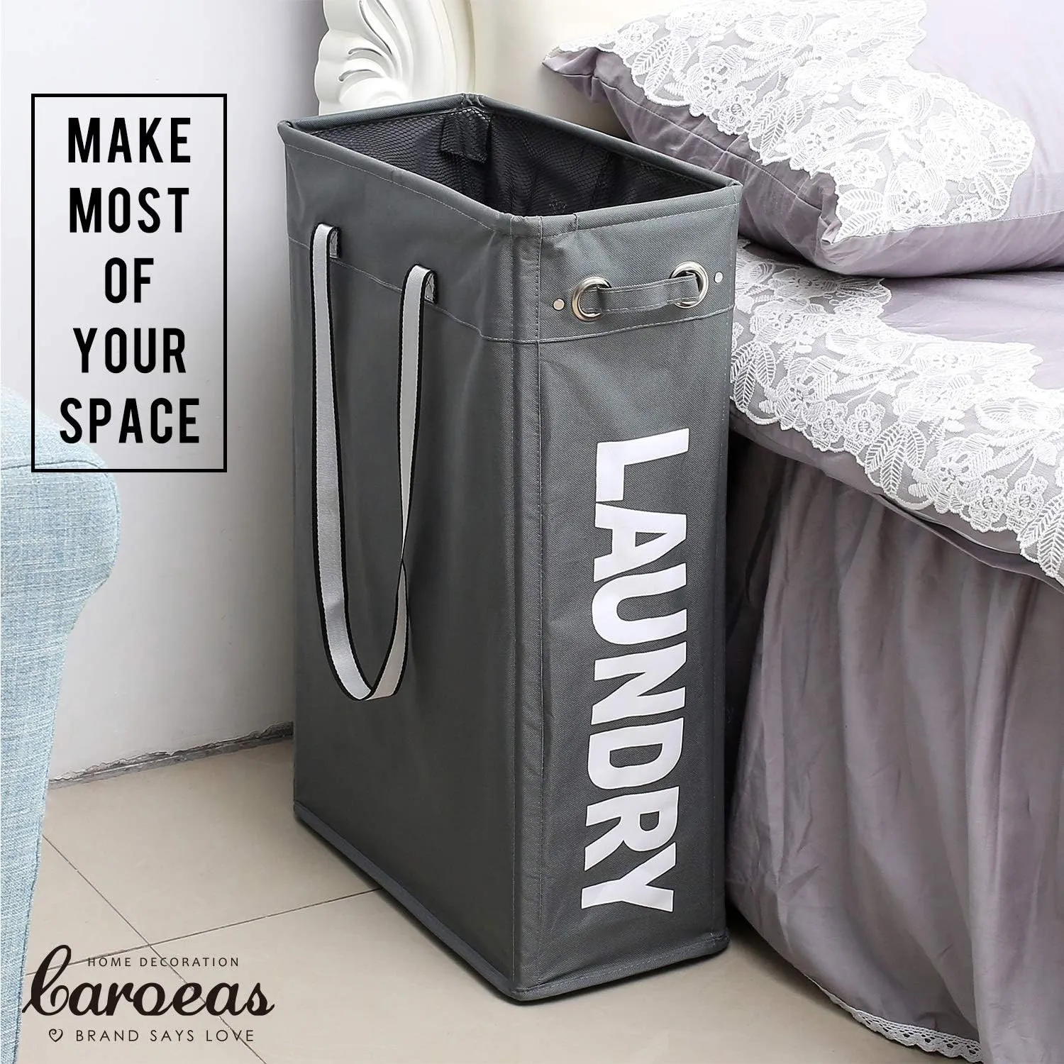 Cloth Clothes Basket, Caroeas 24" Handy Hanging Laundry Basket Tall & Slim Hamper Waterproof Laundry Bag Collapsible Travel Laundry Bag with Breathable Mesh Cover & Soft Handle Laundry Hamper (Grey1)