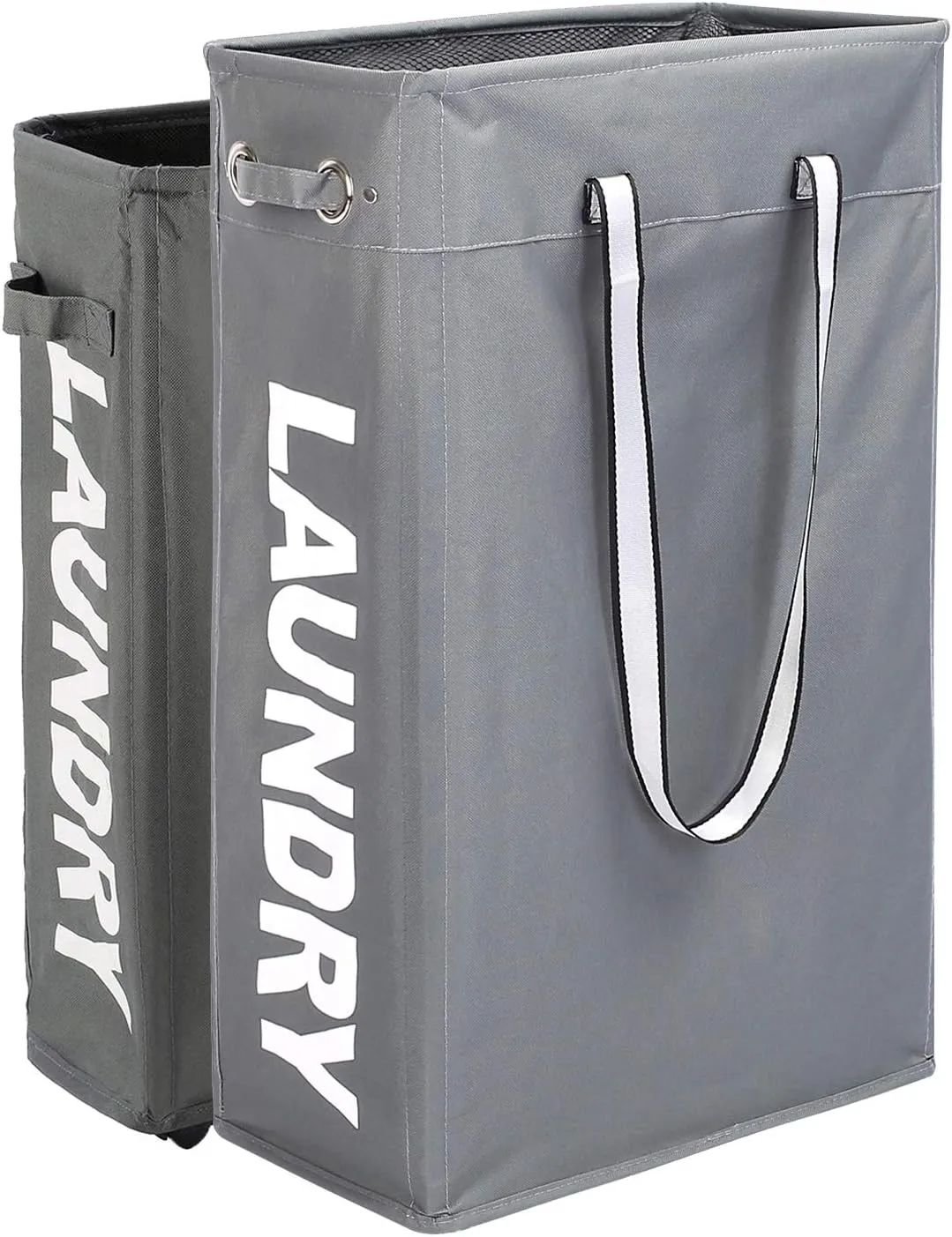 Cloth Clothes Basket, Caroeas 24" Handy Hanging Laundry Basket Tall & Slim Hamper Waterproof Laundry Bag Collapsible Travel Laundry Bag with Breathable Mesh Cover & Soft Handle Laundry Hamper (Grey1)