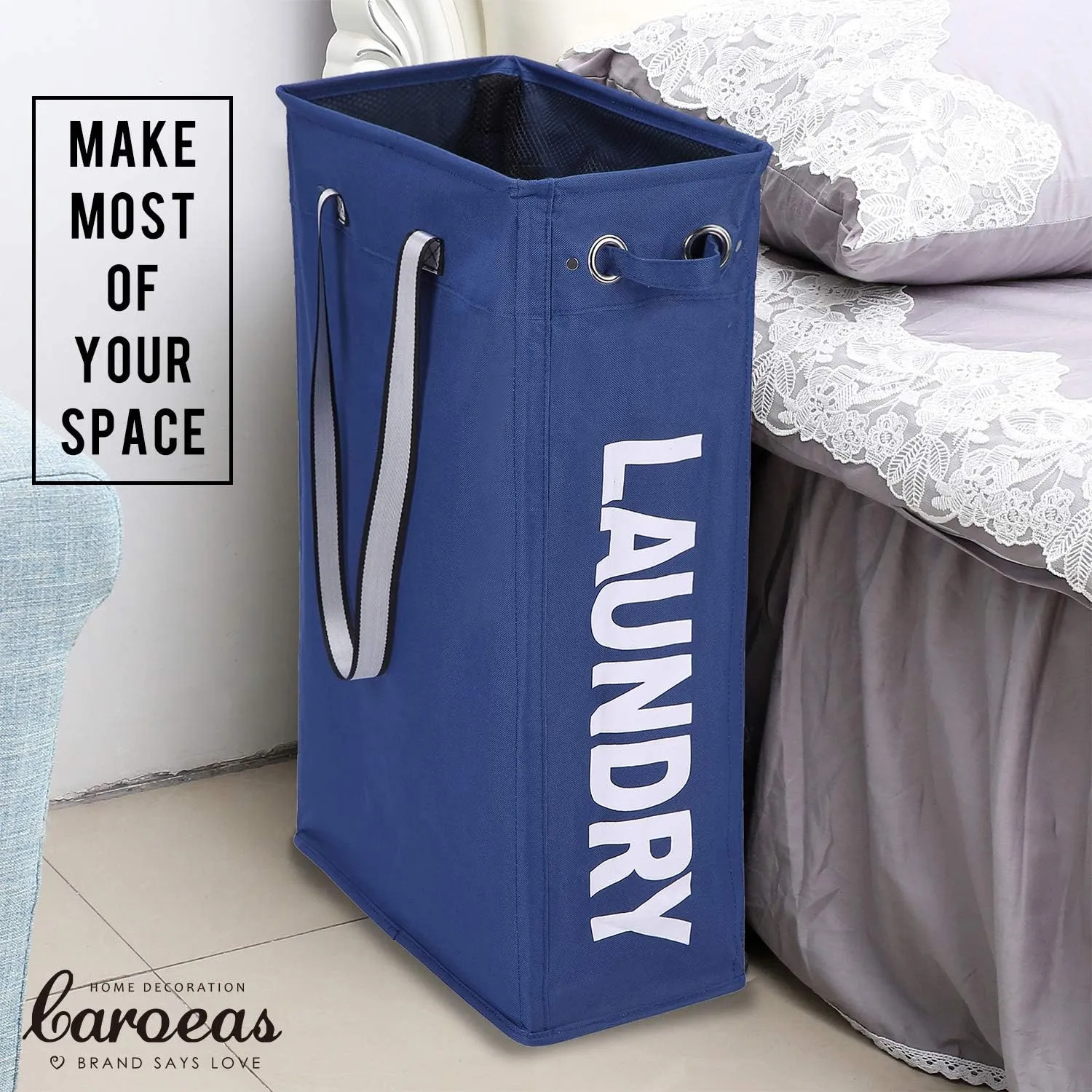 Clothes Basket, Caroeas 24" Handy Hanging Laundry Basket Tall & Slim Hamper Waterproof Laundry Bag Collapsible Travel Laundry Bag with Breathable Mesh Cover & Soft Handle Laundry Hamper (Navy Blue)