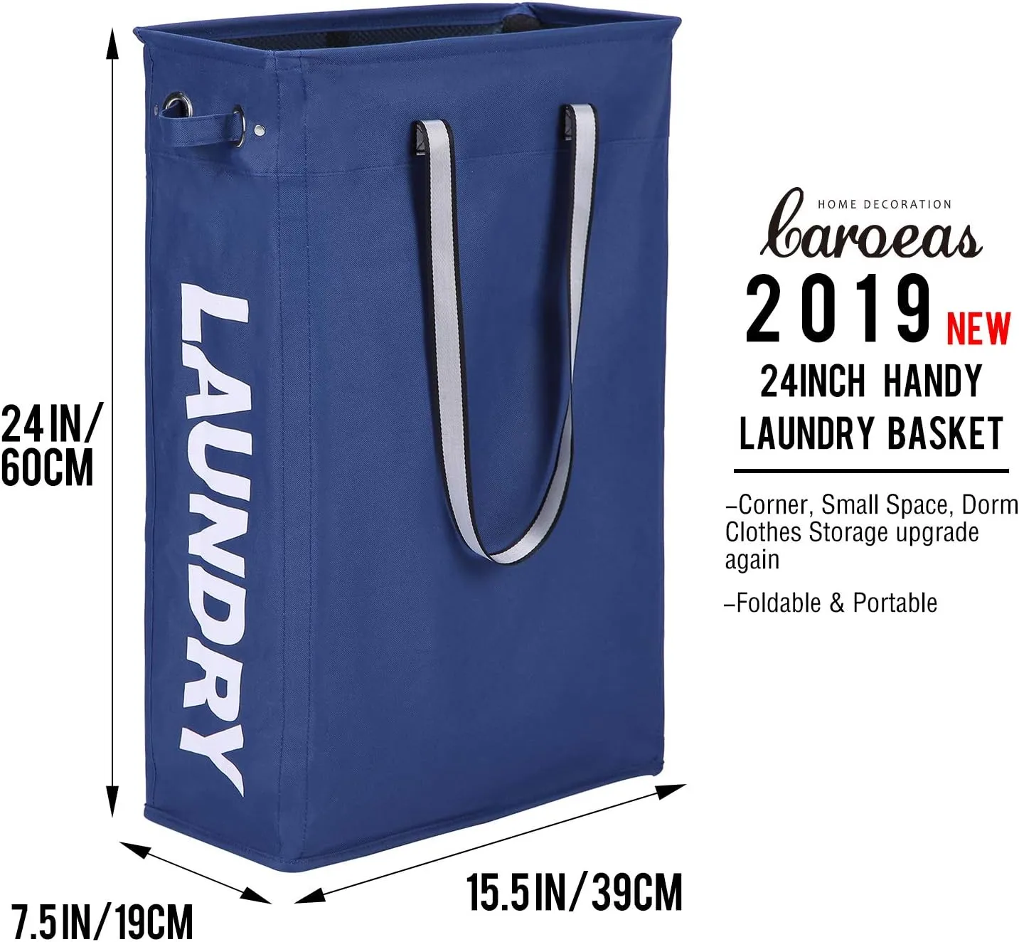 Clothes Basket, Caroeas 24" Handy Hanging Laundry Basket Tall & Slim Hamper Waterproof Laundry Bag Collapsible Travel Laundry Bag with Breathable Mesh Cover & Soft Handle Laundry Hamper (Navy Blue)