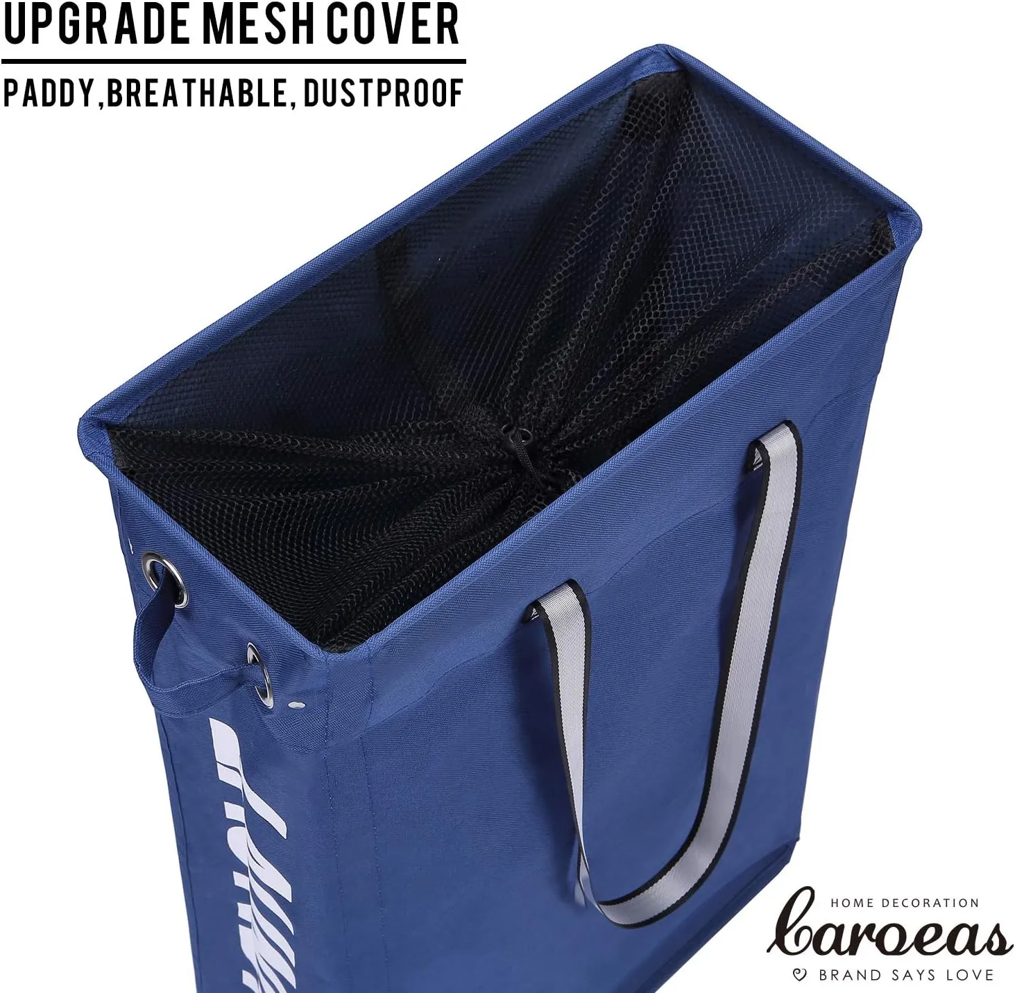Clothes Basket, Caroeas 24" Handy Hanging Laundry Basket Tall & Slim Hamper Waterproof Laundry Bag Collapsible Travel Laundry Bag with Breathable Mesh Cover & Soft Handle Laundry Hamper (Navy Blue)
