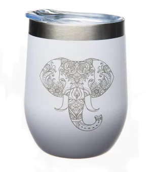 CM 12 oz Double Insulated Wine Tumbler with Lid - Elephant Engraved Stemless Wine Glass from Stainless Steel with White Powder Coating for Men & Women - White