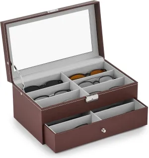 CO-Z Sunglasses Organizer with 12 Slots, Leather Eyeglasses Storage Box for Women Men, 2 Story Lockable Display Case for Multiple Glasses, Sunglasses Jewelry Collection Holder with Drawer, Brown