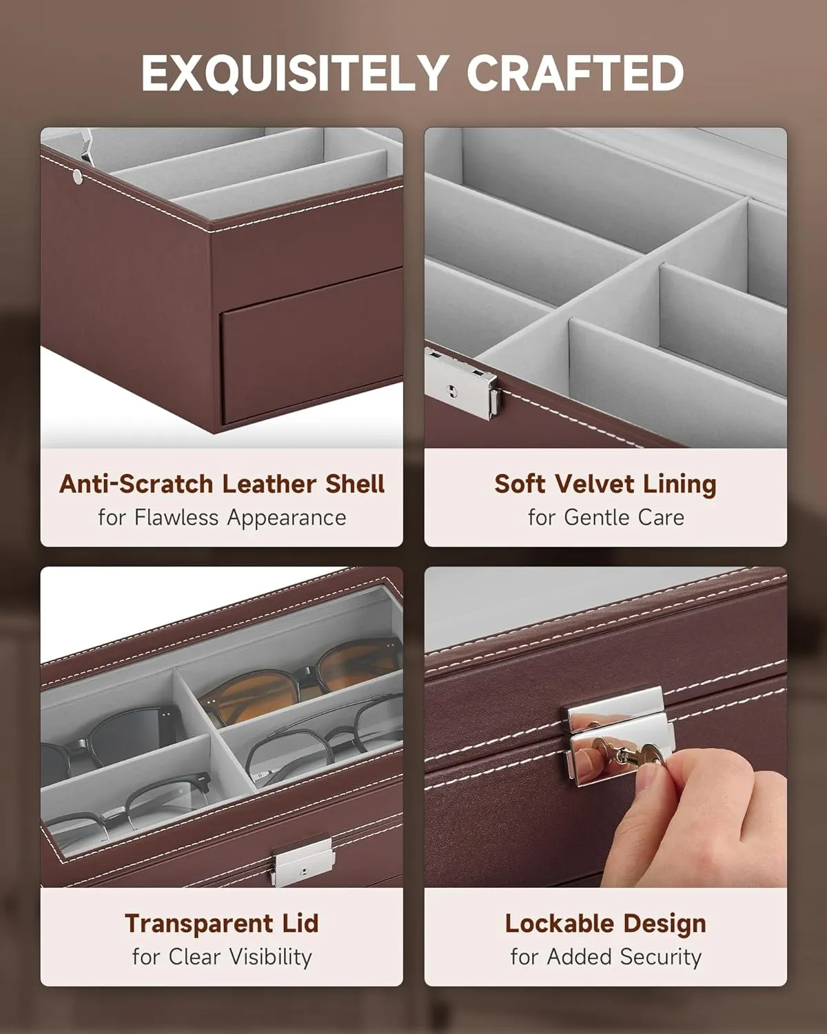 CO-Z Sunglasses Organizer with 12 Slots, Leather Eyeglasses Storage Box for Women Men, 2 Story Lockable Display Case for Multiple Glasses, Sunglasses Jewelry Collection Holder with Drawer, Brown