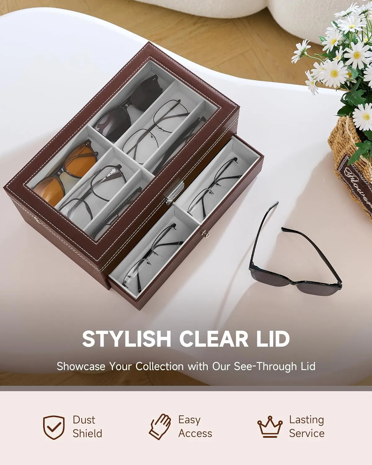 CO-Z Sunglasses Organizer with 12 Slots, Leather Eyeglasses Storage Box for Women Men, 2 Story Lockable Display Case for Multiple Glasses, Sunglasses Jewelry Collection Holder with Drawer, Brown