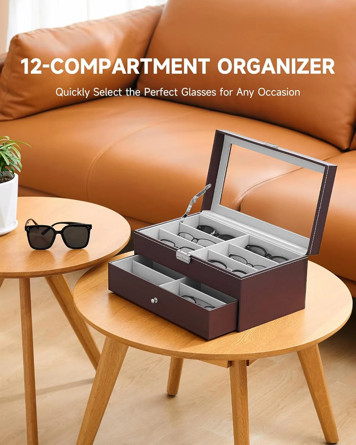 CO-Z Sunglasses Organizer with 12 Slots, Leather Eyeglasses Storage Box for Women Men, 2 Story Lockable Display Case for Multiple Glasses, Sunglasses Jewelry Collection Holder with Drawer, Brown