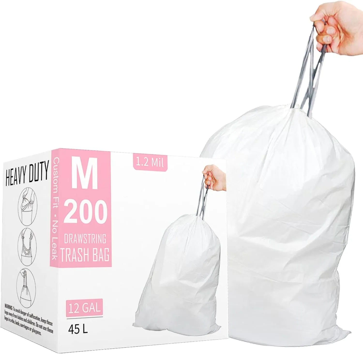Code M (200 Count) 12 Gallon Heavy Duty Drawstring Plastic Trash Bags Compatible with simplehuman Code M | 1.2 Mil | White | 45 Liter