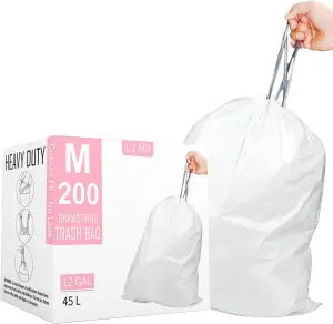 Code M (200 Count) 12 Gallon Heavy Duty Drawstring Plastic Trash Bags Compatible with simplehuman Code M | 1.2 Mil | White | 45 Liter