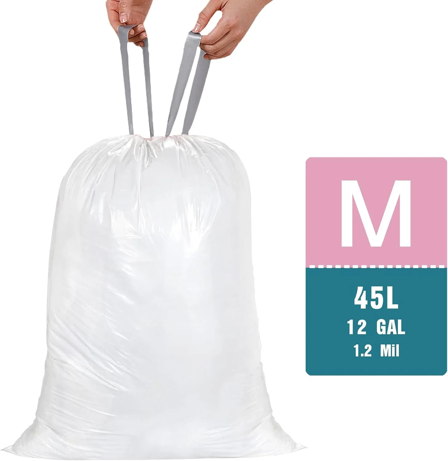 Code M (200 Count) 12 Gallon Heavy Duty Drawstring Plastic Trash Bags Compatible with simplehuman Code M | 1.2 Mil | White | 45 Liter