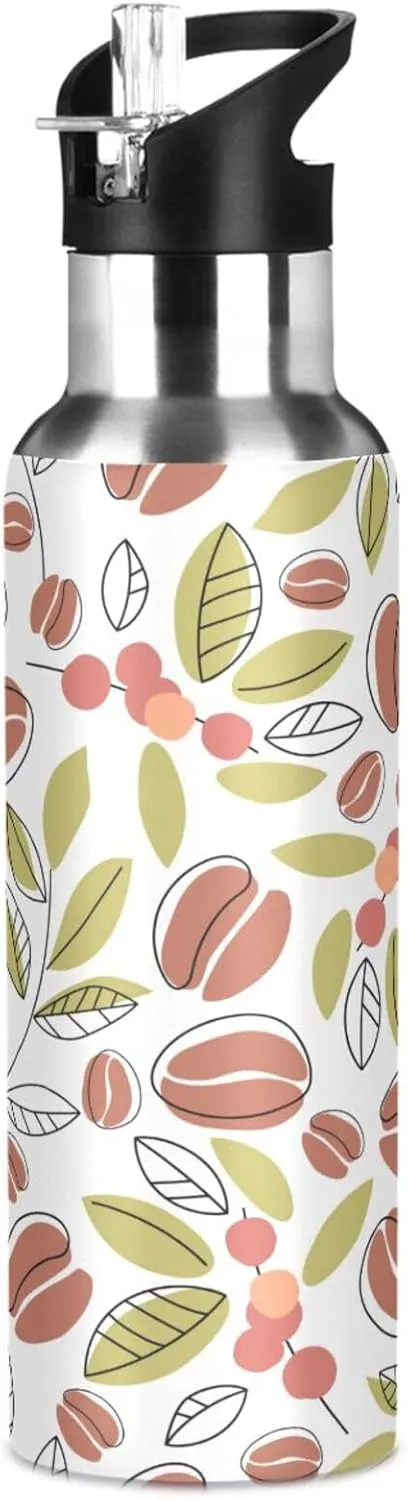 Coffee Beans Branches Water Bottle with Straw Lid, BPA Free Leakproof Vacuum Insulated Stainless Steel, 20 Oz Hot Cold Thermal Flask Drinking Bottle for Gym Fitness Outdoor Sport