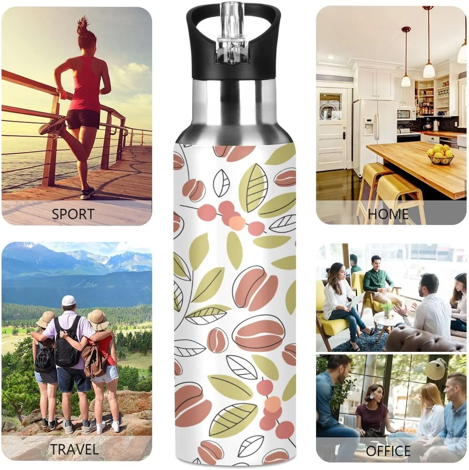 Coffee Beans Branches Water Bottle with Straw Lid, BPA Free Leakproof Vacuum Insulated Stainless Steel, 20 Oz Hot Cold Thermal Flask Drinking Bottle for Gym Fitness Outdoor Sport