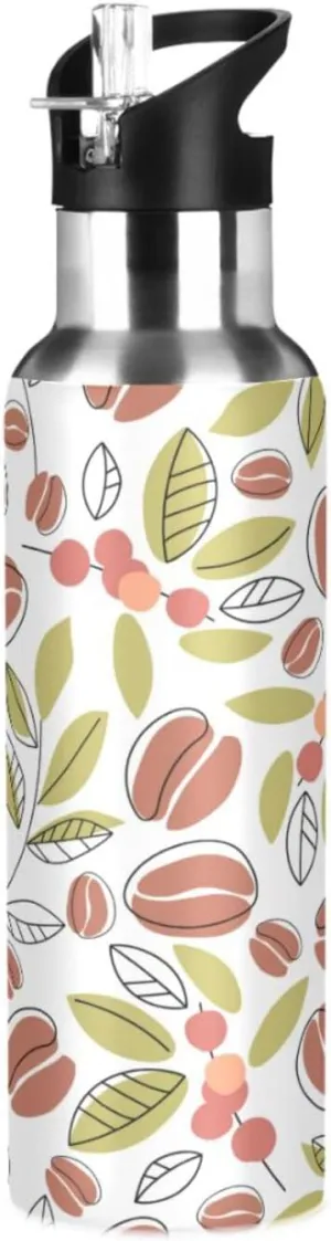 Coffee Beans Branches Water Bottle with Straw Lid, BPA Free Leakproof Vacuum Insulated Stainless Steel, 20 Oz Hot Cold Thermal Flask Drinking Bottle for Gym Fitness Outdoor Sport