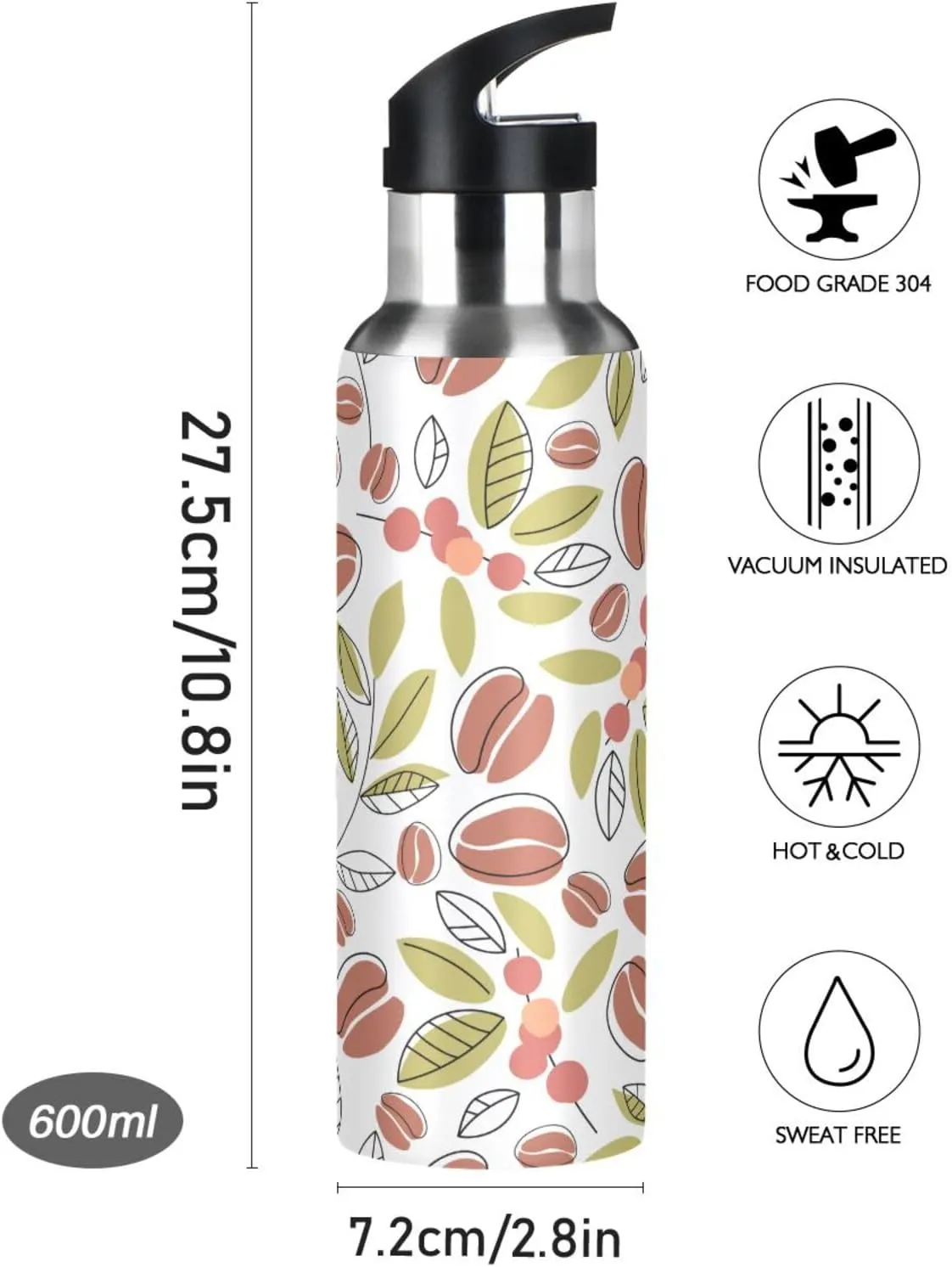 Coffee Beans Branches Water Bottle with Straw Lid, BPA Free Leakproof Vacuum Insulated Stainless Steel, 20 Oz Hot Cold Thermal Flask Drinking Bottle for Gym Fitness Outdoor Sport