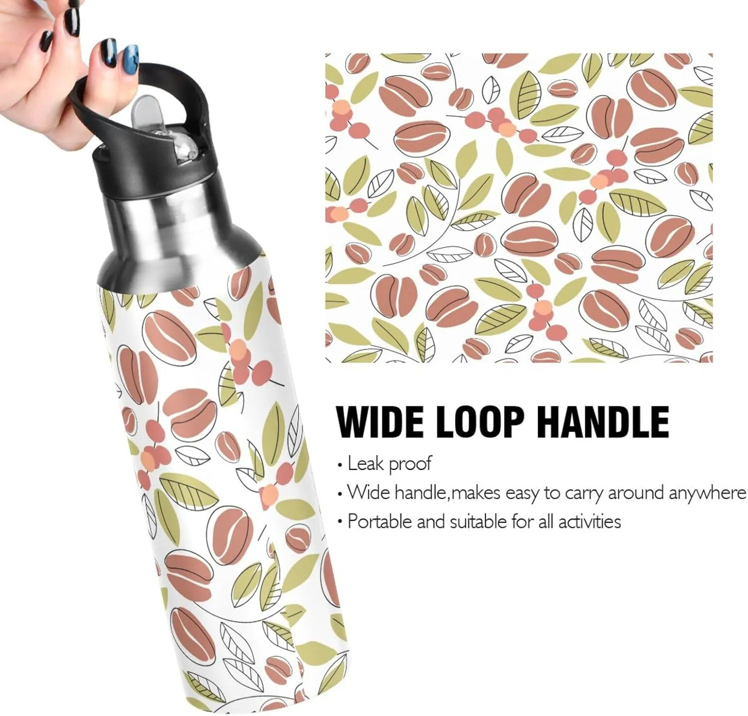 Coffee Beans Branches Water Bottle with Straw Lid, BPA Free Leakproof Vacuum Insulated Stainless Steel, 20 Oz Hot Cold Thermal Flask Drinking Bottle for Gym Fitness Outdoor Sport