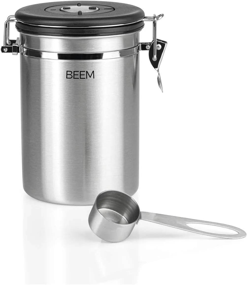 Coffee Storage Container with Dosing Spoon - 1.9 Litres | Airtight Stainless Steel | Date Display | 700 g Coffee | Aroma Can | CO2 Vent Valve