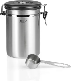 Coffee Storage Container with Dosing Spoon - 1.9 Litres | Airtight Stainless Steel | Date Display | 700 g Coffee | Aroma Can | CO2 Vent Valve