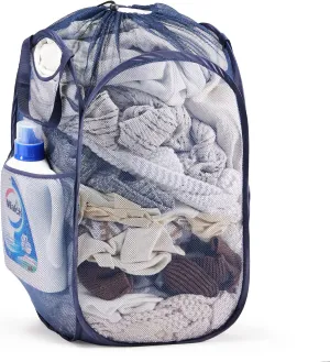 Collapsible Mesh Pop Up Laundry Hamper with Sturdy Handles and Side Pocket - Portable Foldable Clothes Baskets for Dorm, Bathroom & Travel Storage (With Drawstring, Blue)