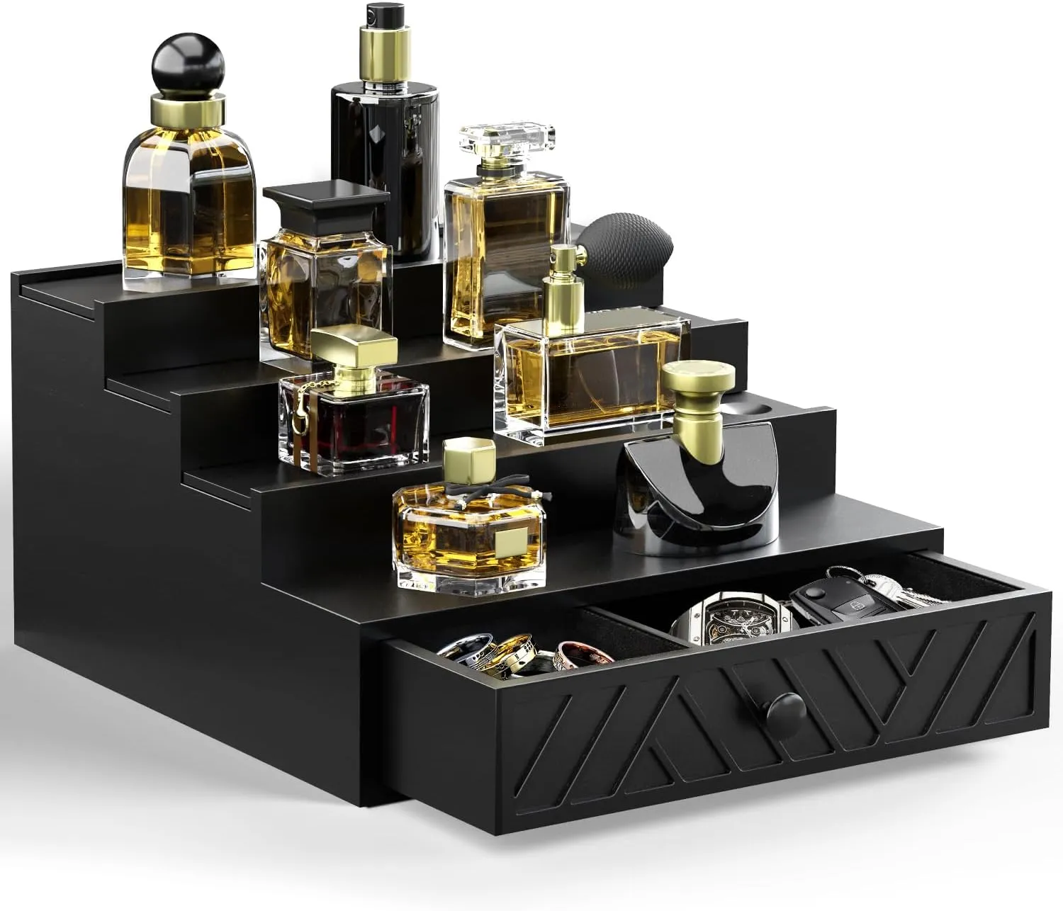 Cologne Organizer for Men, 4 Tier Perfume Organizer with Felt Lining Drawer and Hidden Compartment, Wood Cologne Stand for Watch Jewelry, Black Cologne Perfume Display Holder, Great Gifts for Men