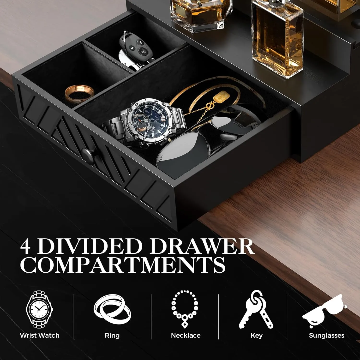 Cologne Organizer for Men, 4 Tier Perfume Organizer with Felt Lining Drawer and Hidden Compartment, Wood Cologne Stand for Watch Jewelry, Black Cologne Perfume Display Holder, Great Gifts for Men