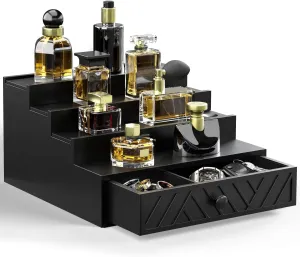 Cologne Organizer for Men, 4 Tier Perfume Organizer with Felt Lining Drawer and Hidden Compartment, Wood Cologne Stand for Watch Jewelry, Black Cologne Perfume Display Holder, Great Gifts for Men