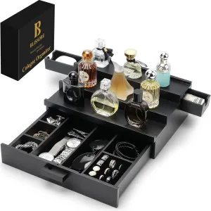 Cologne Organizer for Men – Wooden 3 Tier Perfume Organizer for Men with Drawer in Soft Velvet – Mens Cologne Display Stand & Holder – Gift for Husband, Dad, Fathers Day, Women & Him