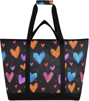 Colorful Pattern Simple Cute Hears Insulated Cooler Bag, Reusable Grocery Bags with Zipper Portable Large Cooler Bag for Travel or Camping