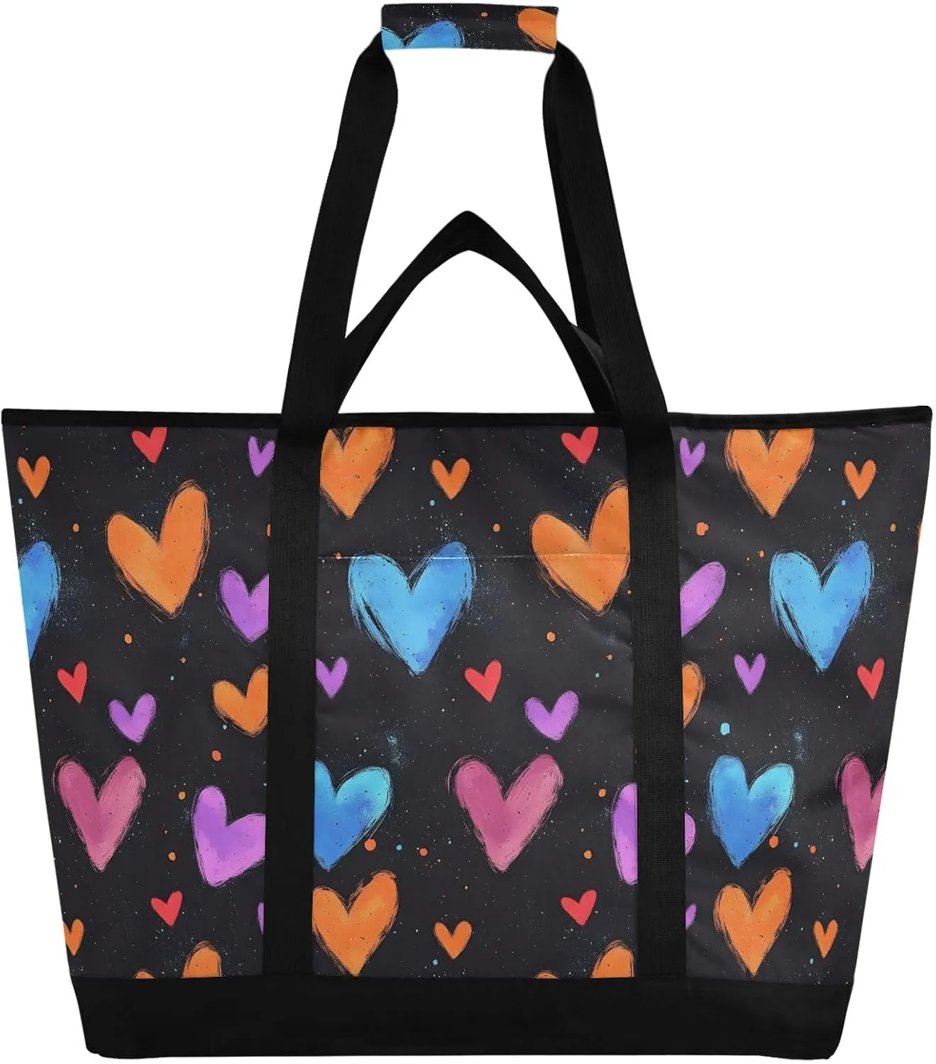 Colorful Pattern Simple Cute Hears Insulated Cooler Bag, Reusable Grocery Bags with Zipper Portable Large Cooler Bag for Travel or Camping