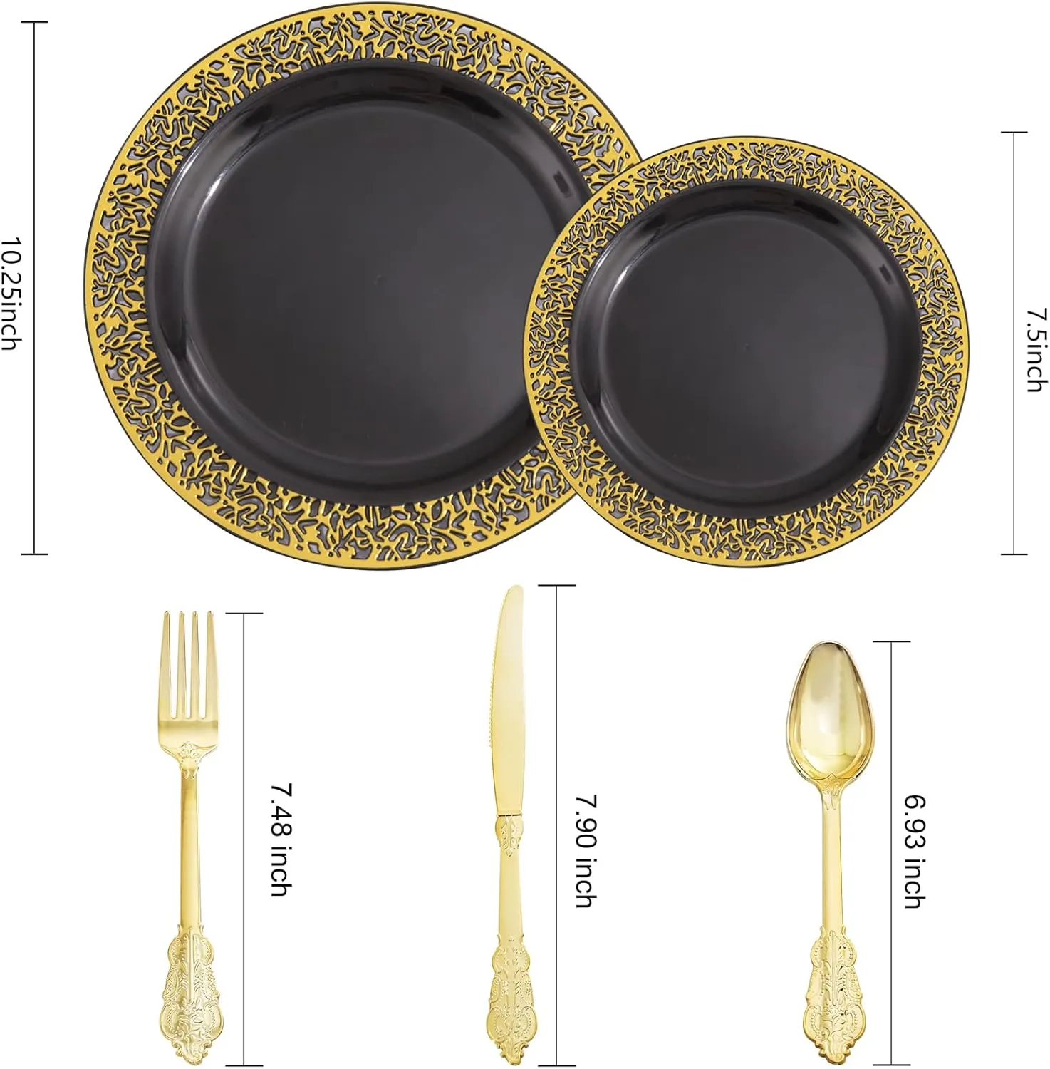 COLOSUS 150pcs Black Plastic Lace Plate with Gold Printed, Disposable Party Plate Dinnerware Set 30 Dinner Plates 30 Salad Plates 30 Gold Silverware for party dinner