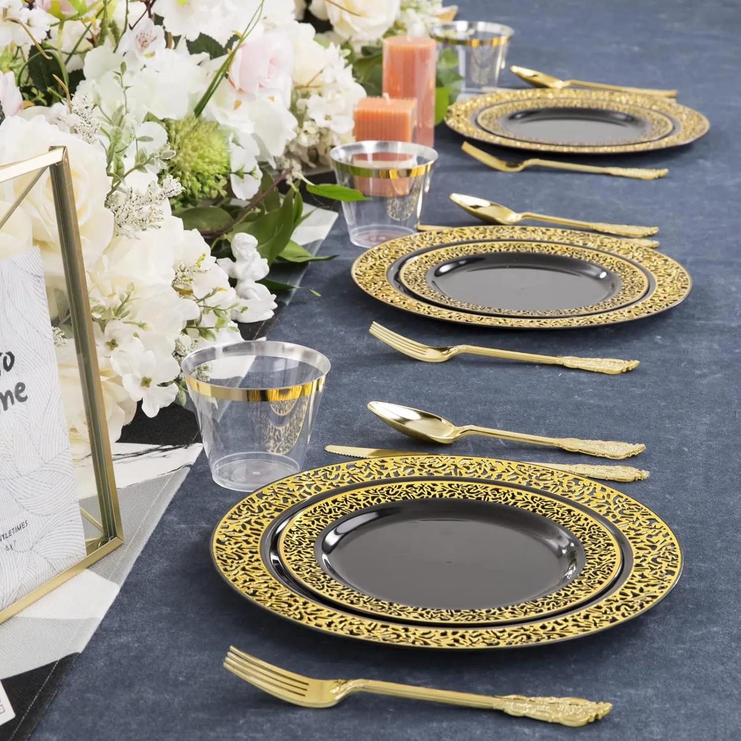 COLOSUS 150pcs Black Plastic Lace Plate with Gold Printed, Disposable Party Plate Dinnerware Set 30 Dinner Plates 30 Salad Plates 30 Gold Silverware for party dinner