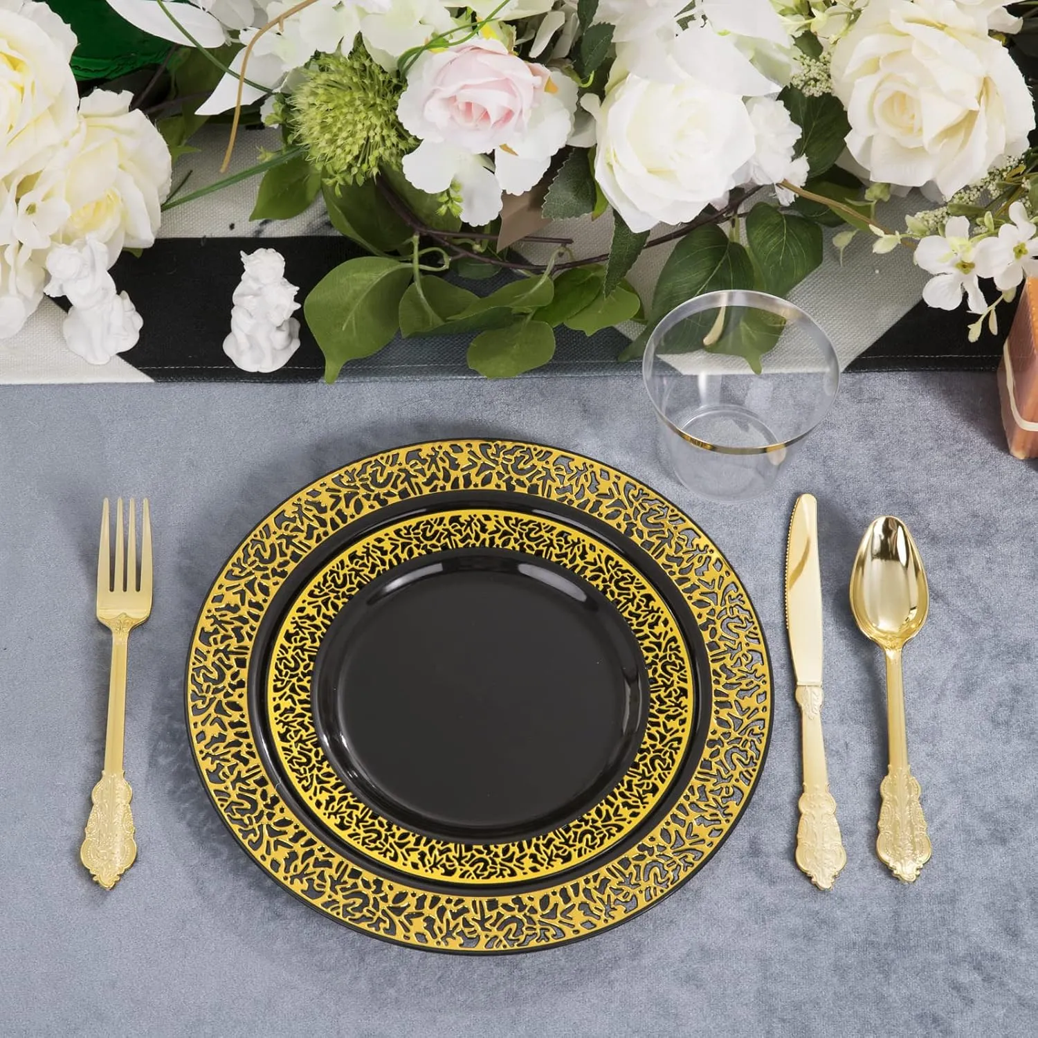 COLOSUS 150pcs Black Plastic Lace Plate with Gold Printed, Disposable Party Plate Dinnerware Set 30 Dinner Plates 30 Salad Plates 30 Gold Silverware for party dinner