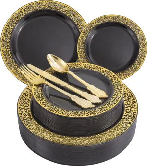 COLOSUS 150pcs Black Plastic Lace Plate with Gold Printed, Disposable Party Plate Dinnerware Set 30 Dinner Plates 30 Salad Plates 30 Gold Silverware for party dinner