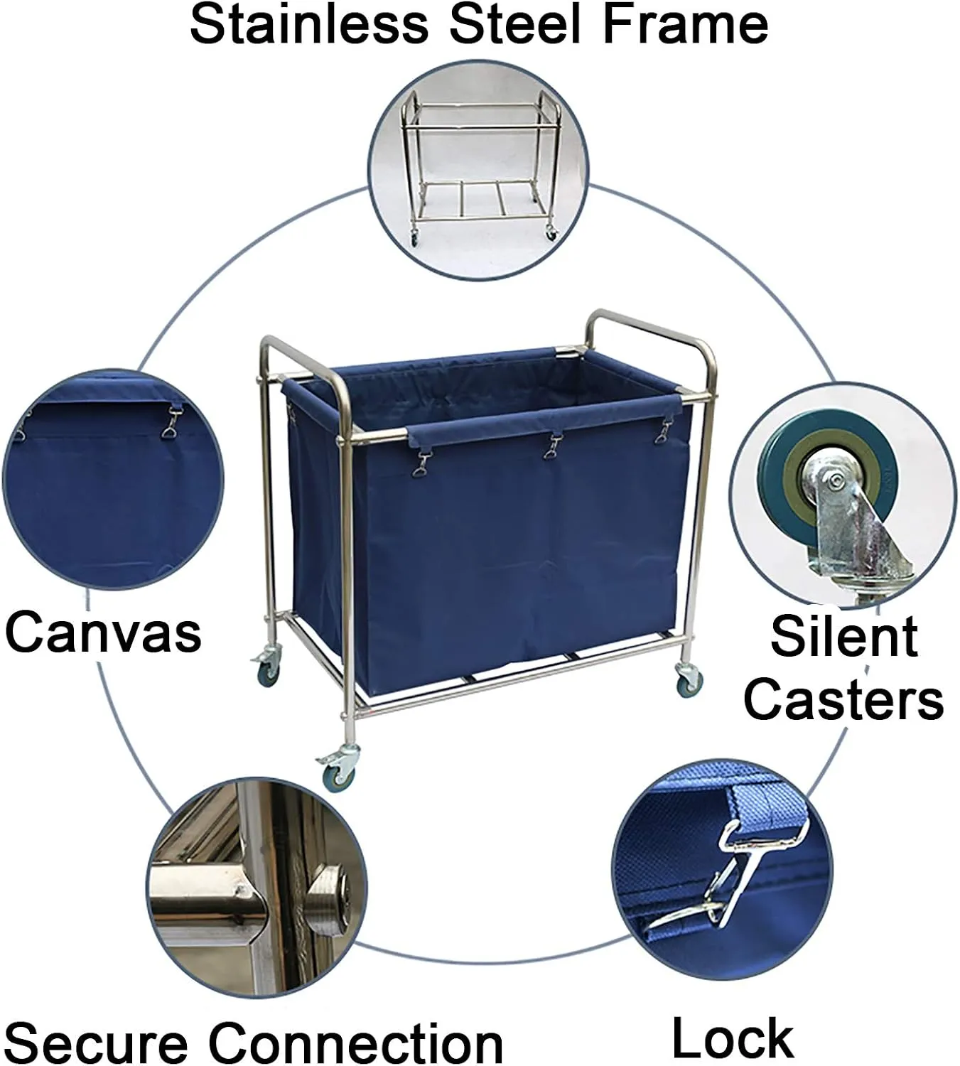 Commercial Laundry Cart, Hotel/Laundry Room Canvas Trolley with Wheels/Removable Bags/Stainless Steel Frame, for Clothes Storage