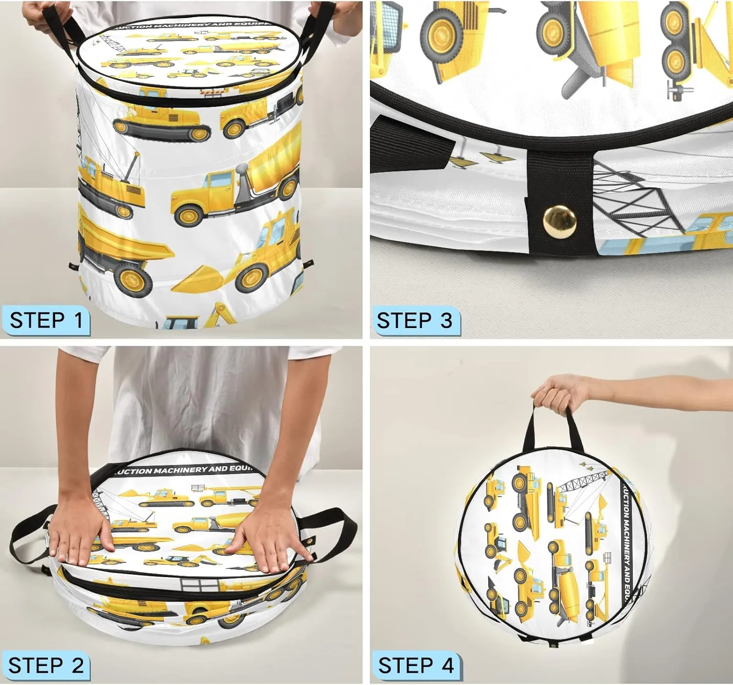 Construction Equipment Yellow Machinery with Truck Crane Bulldozer Pop Up Laundry Hamper, Collapsible Dirty Clothes Basket with Zipper Lid, Storage Bag Washing Bin for Room College Dorm Travel